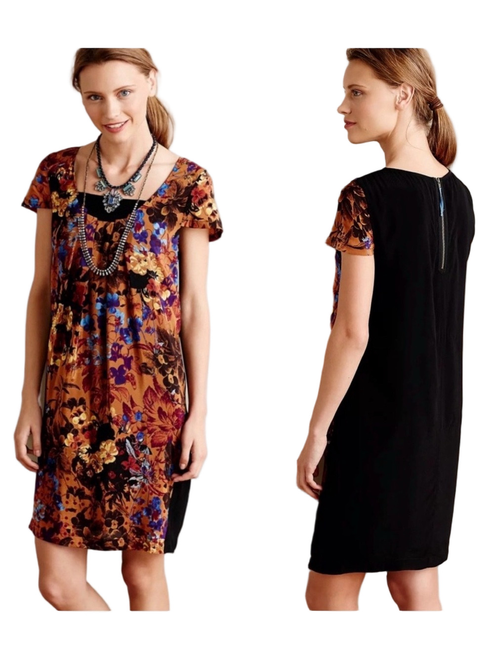 🍎Anthropologie Maeve Pintura Silk size M GUC Floral Front Black Back Shift